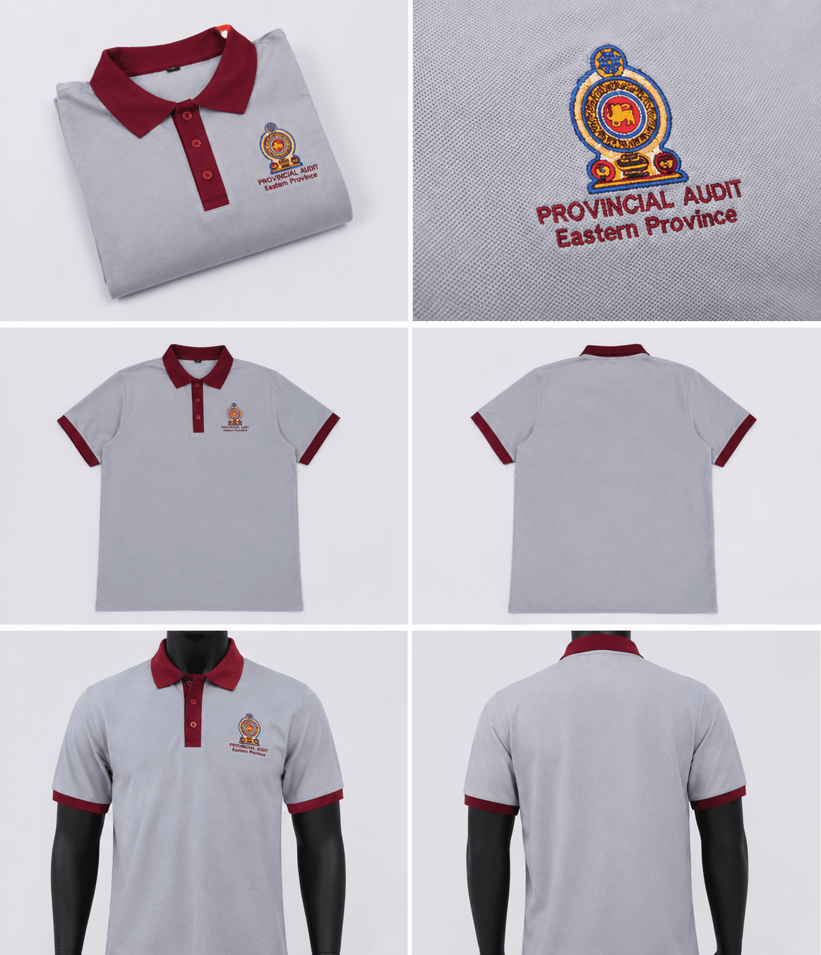 Mezzo embroidered grey polo with maroon collar for Provincial Audit, Eastern Province — front, back and mannequin views