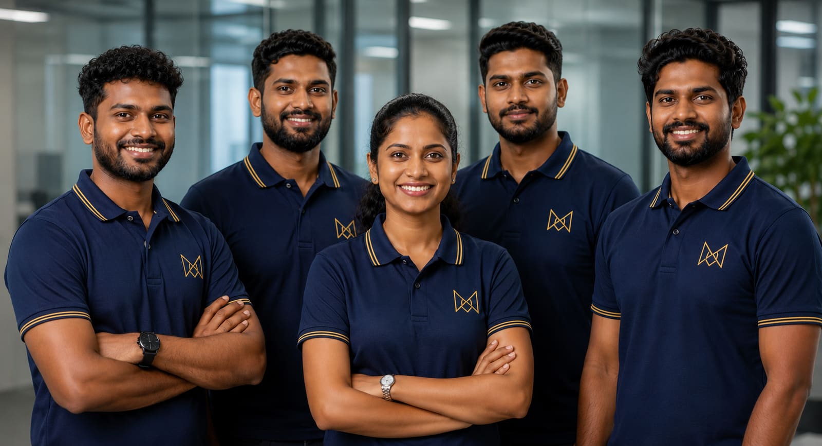 Mezzo corporate team wearing custom navy polo shirts with embroidered gold logo