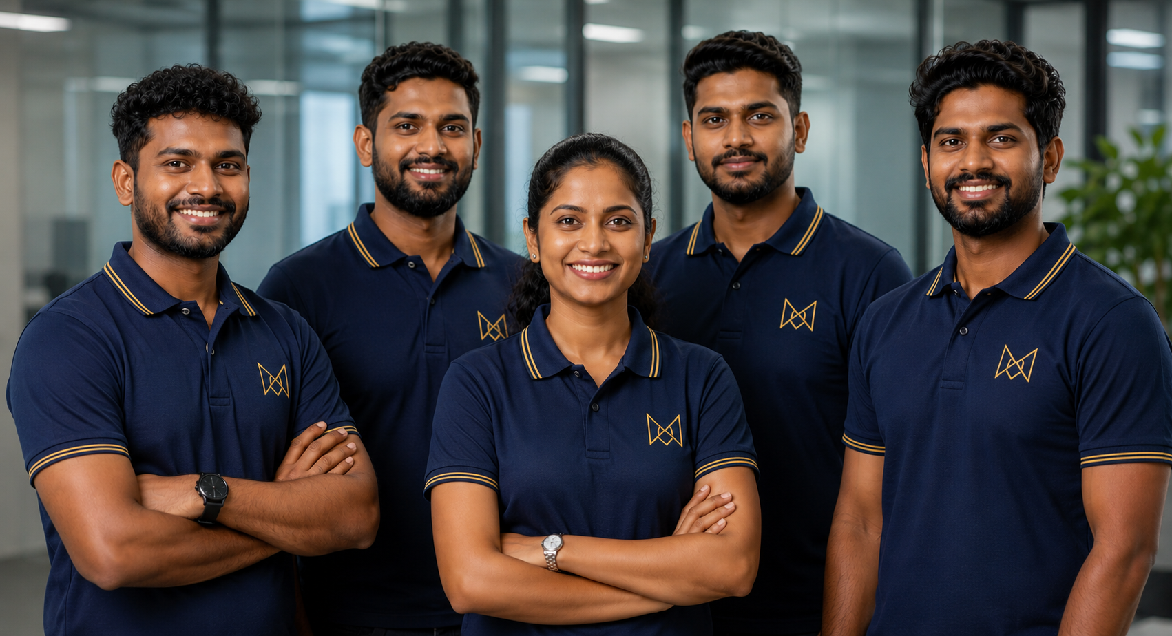Mezzo corporate team wearing custom navy polo shirts with embroidered gold logo