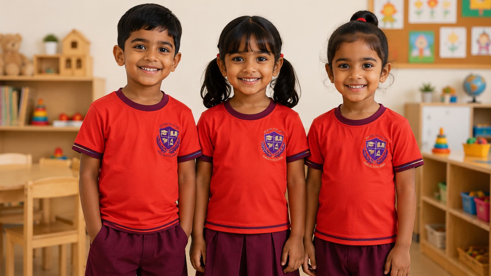Smiling pre-school children in custom Mezzo nursery uniforms with embroidered school crest