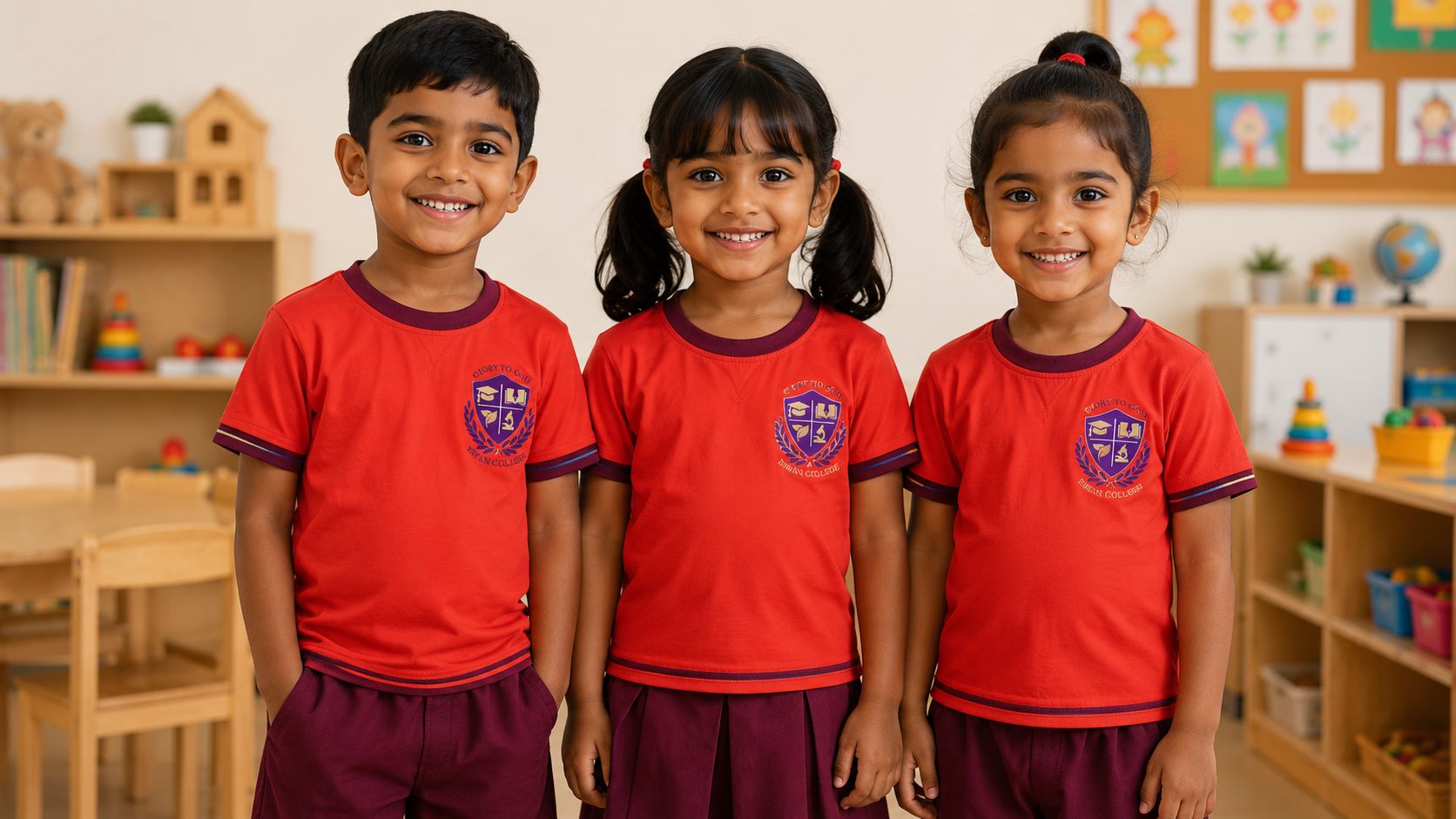 Smiling pre-school children in custom Mezzo nursery uniforms with embroidered school crest