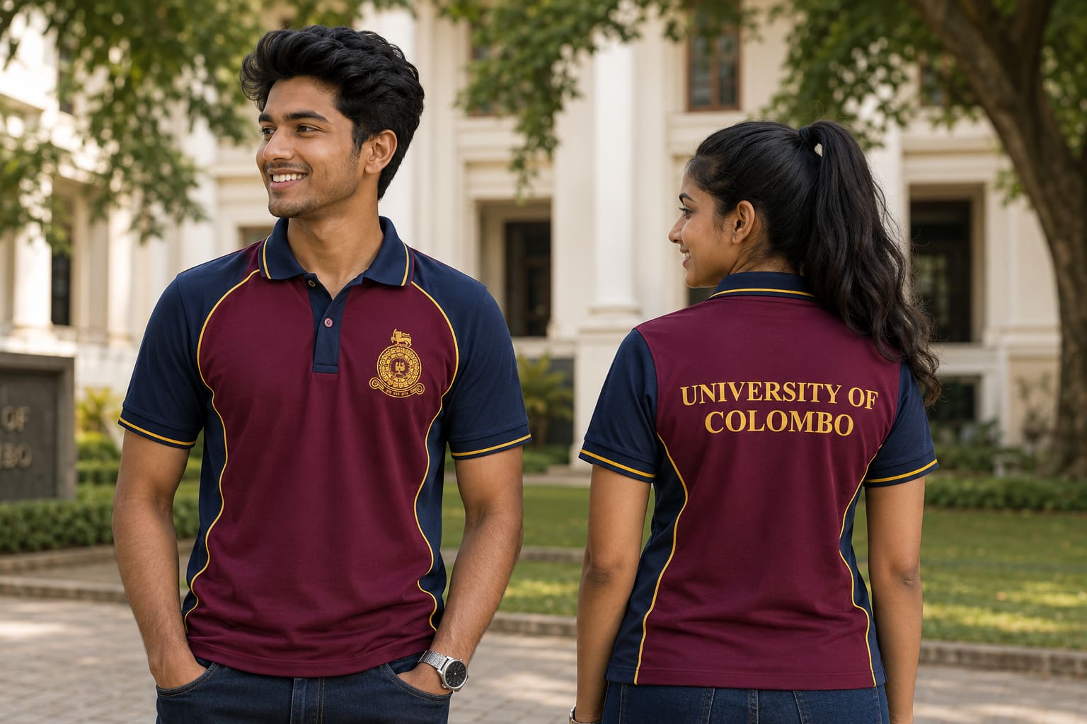 University of Colombo students wearing custom Mezzo maroon and navy polo t-shirts with embroidered crest
