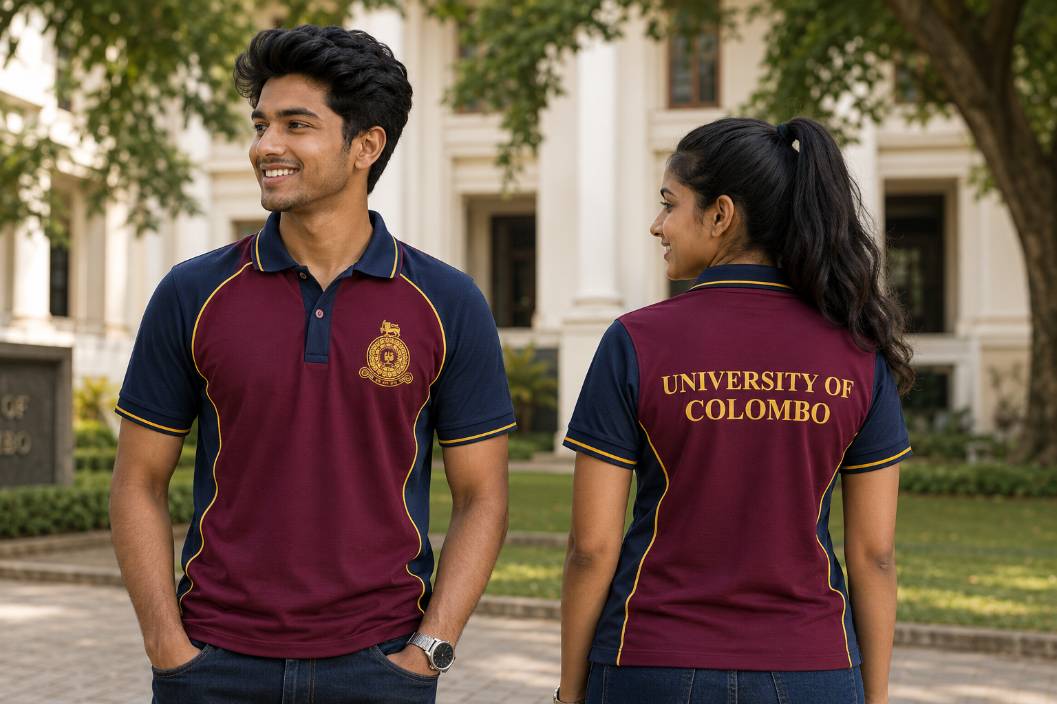 University of Colombo students wearing custom Mezzo maroon and navy polo t-shirts with embroidered crest